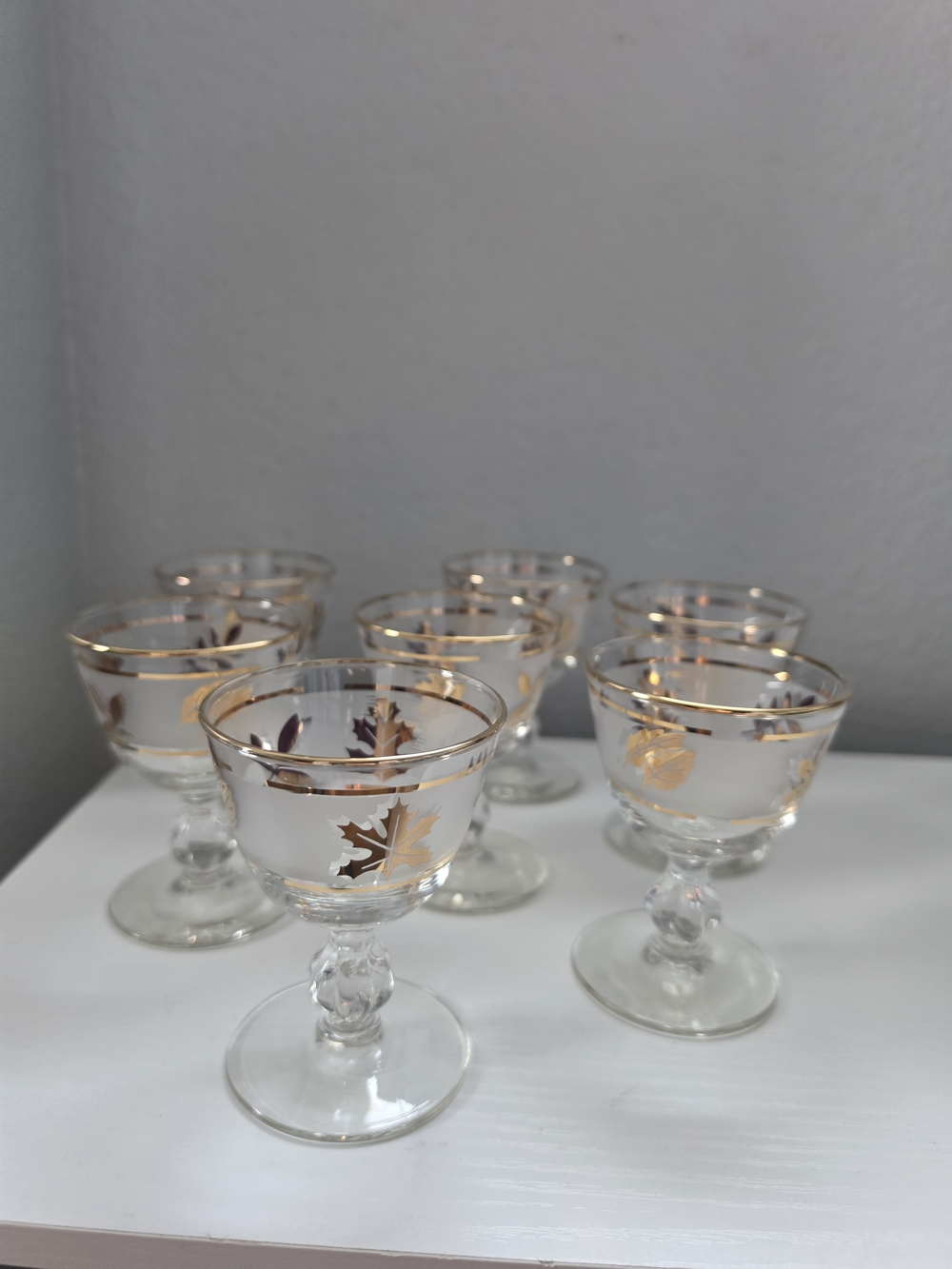 Vintage MCM Libbey Clear Cordial Glasses with Golden Foliage Pattern Set Of 7